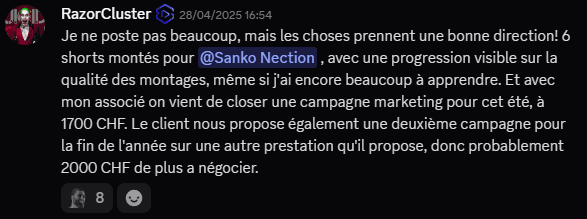 Capture Discord de RazorCluster partageant deux campagnes conclues à 1 700 et 2 000 francs suisses