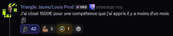 Capture Discord de Louis Prod annonçant un contrat à 1 500 euros grâce à une compétence récemment acquise