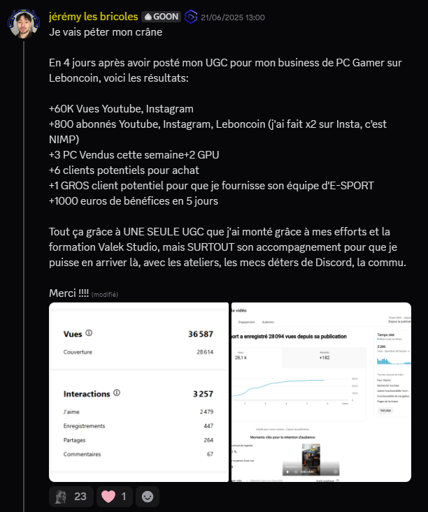 Jérémy Les Bricoles raconte avoir généré +60 000 vues YouTube et Instagram, +800 abonnés, vendu 3 PC gamer et 2 GPU et empoché 1 000€ de bénéfices en 5 jours grâce à une seule UGC montée pendant VK Studio.