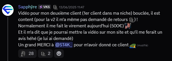 Sapphÿre annonce un virement de 500€ reçu pour sa deuxième vidéo livrée dans sa niche, sans aucun retour demandé par le client.