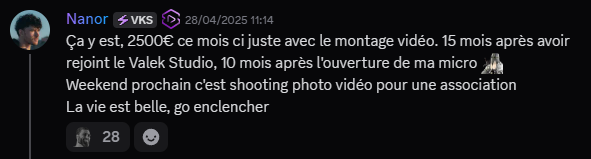 Nanor partage 2 500€ générés ce mois-ci uniquement avec le montage vidéo, 15 mois après avoir rejoint VK Studio et 10 mois après l'ouverture de sa micro-entreprise.