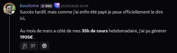 bouitome annonce avoir généré 1 905€ en mars en parallèle de 35 heures de cours hebdomadaires à côté du montage vidéo.