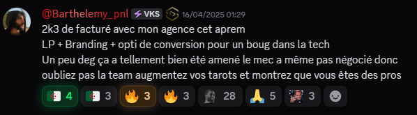 Barthélémy @Barthelemy_pnl raconte 2 300€ facturés en un seul après-midi avec son agence : landing page, branding et optimisation de conversion pour un bug technique, le client n'a même pas négocié.