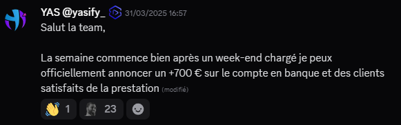 YAS @yasify_ annonce officiellement +700€ encaissés sur son compte bancaire et des clients satisfaits de la prestation de montage vidéo.
