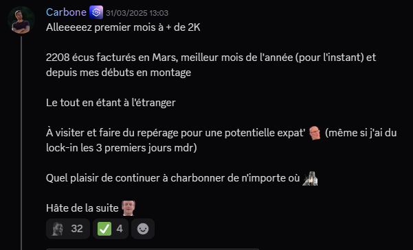 Carbone partage 2 208 écus facturés en mars depuis l'étranger, son meilleur mois en montage vidéo depuis ses débuts, malgré 3 jours de lock-in et une session de repérage pour une expatriation.